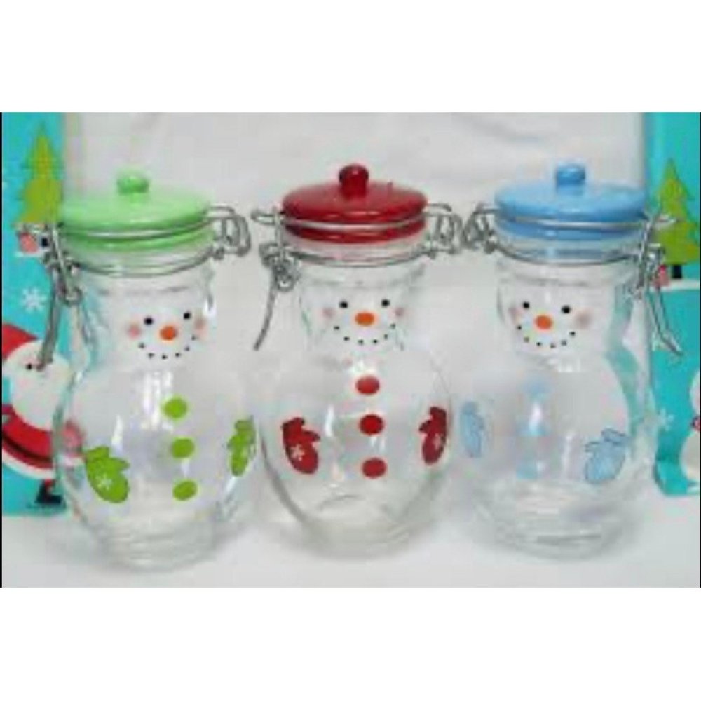 Snowmen, Small Glass Jars With Flip Wire Lids (Red, Green, Blue)